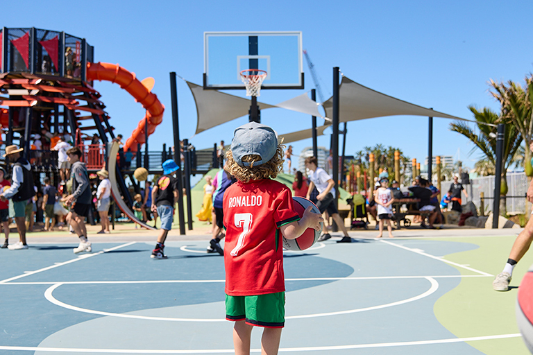 Shoot some hoops by the sea