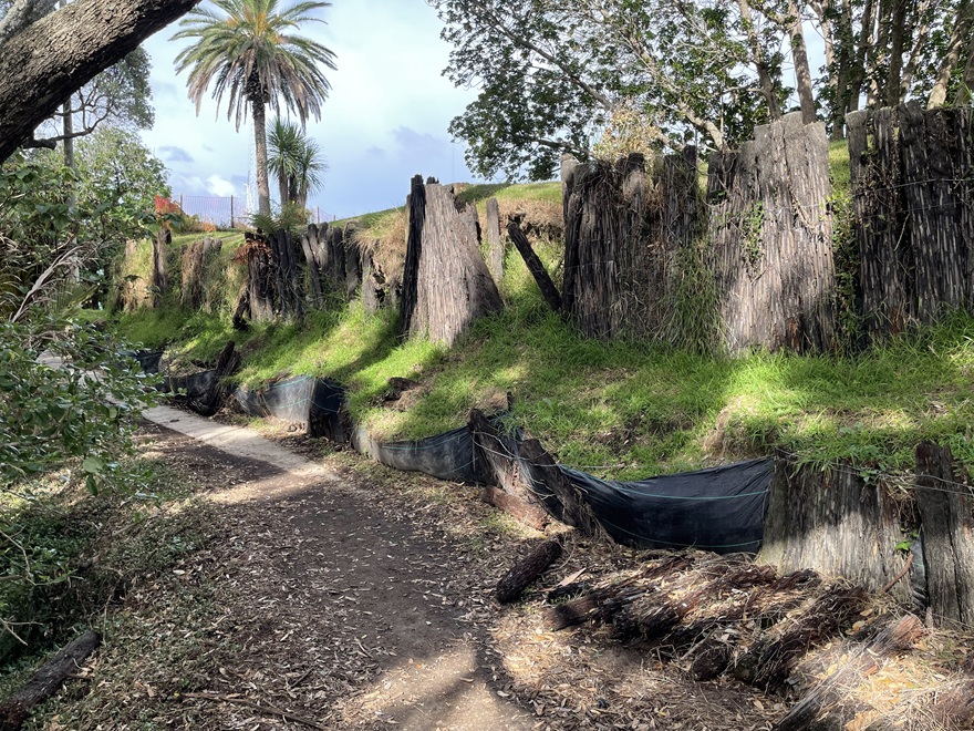 Monmouth Redoubt path before restoration with broken fencing