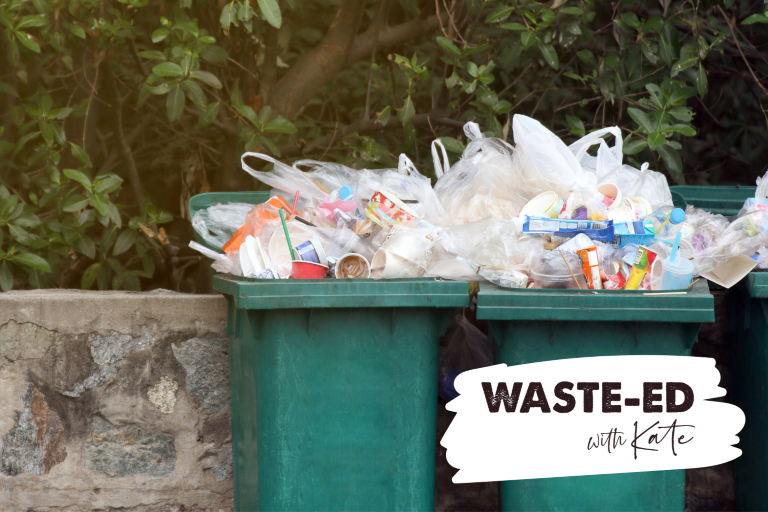Two green rubbish bins filled with rubbish